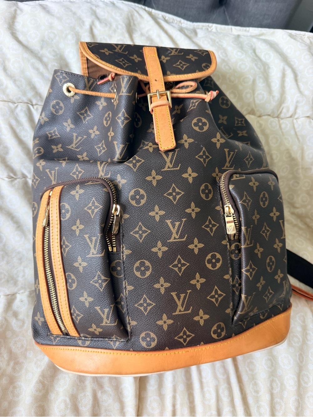 Louis Vuitton Brown Monogram Canvas Drawstring Backpack with Tan Trim